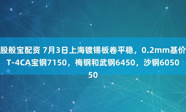 股般宝配资 7月3日上海镀锡板卷平稳，0.2mm基价T-4CA宝钢7150，梅钢和武钢6450，沙钢6050